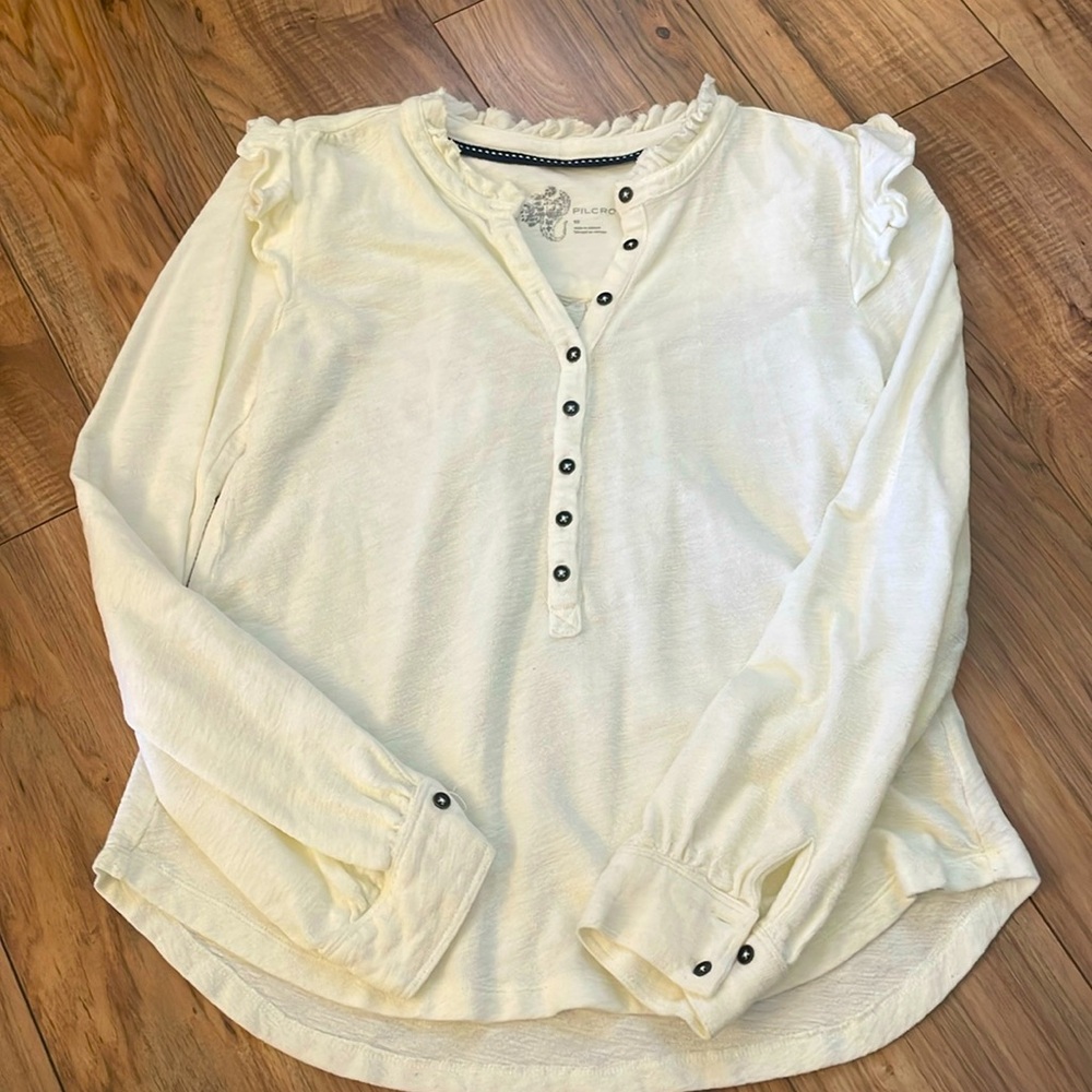 Pilcro and the Letterpress Cream Ruffled Buttoned Blouse